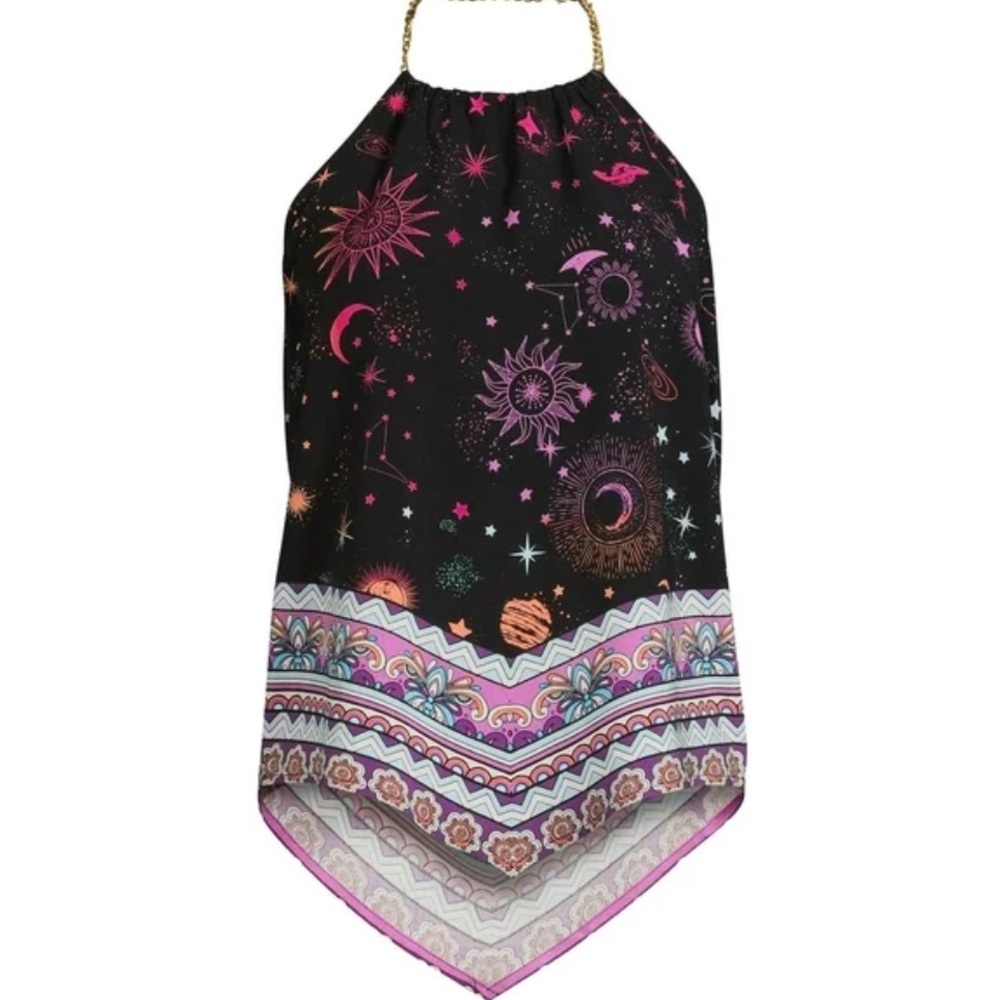 No Boundaries Space Galaxy‎ Zodiac Star Top Gold Chain Strap Sleeveless Sz M 7-9